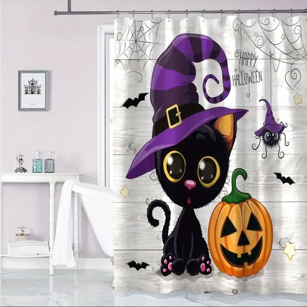 Cute Black Cat Halloween Shower Curtain With‎ Hooks For Bathroom Decoration